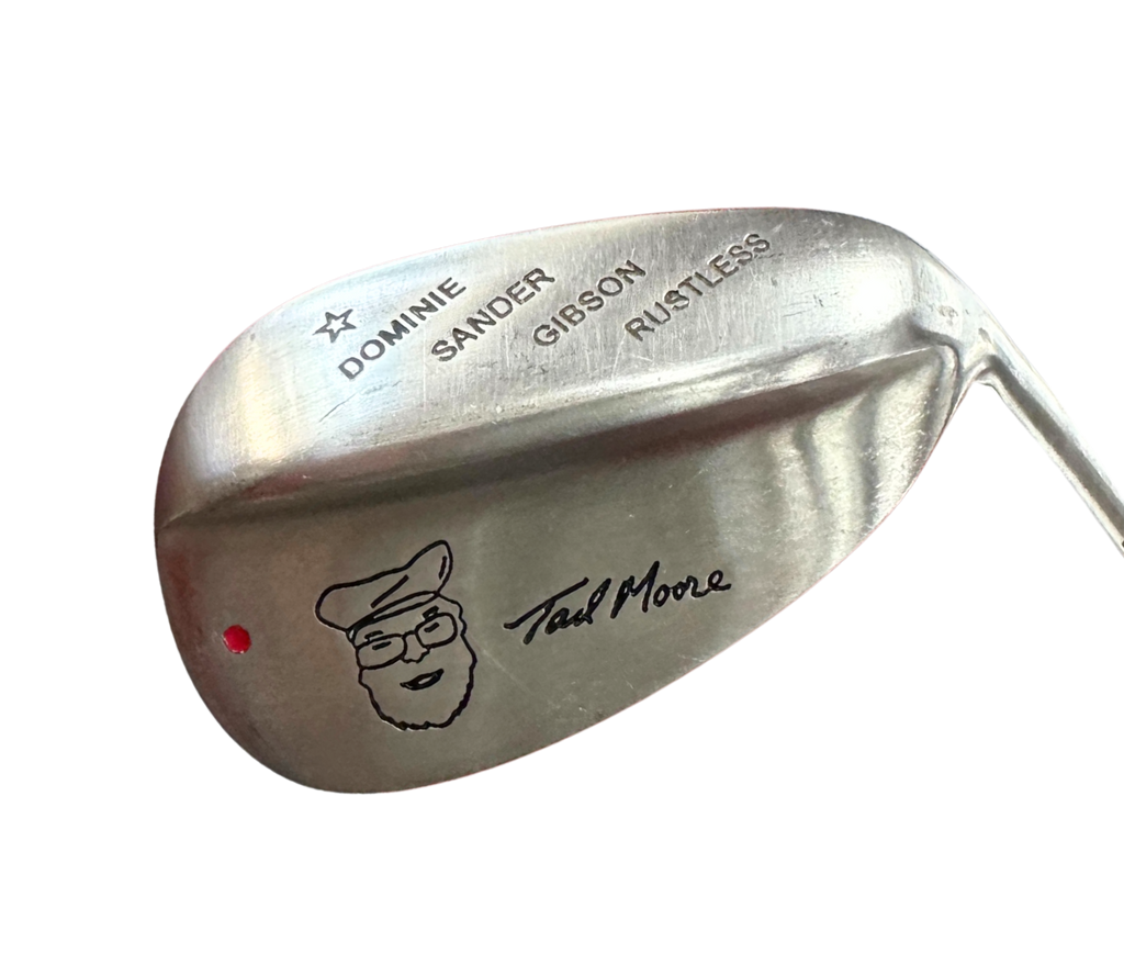 Golf club head with engraved text and a logo on a white background