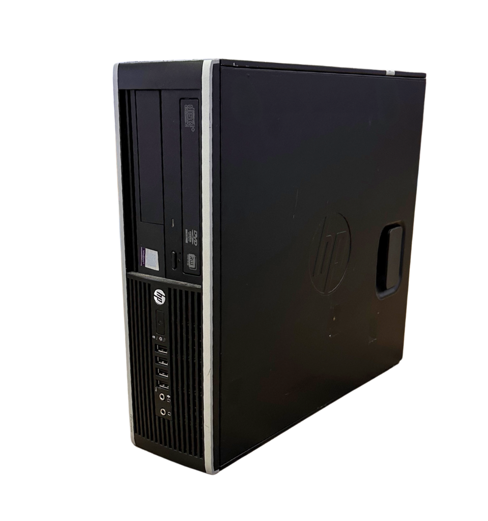 Black HP desktop computer on a white background