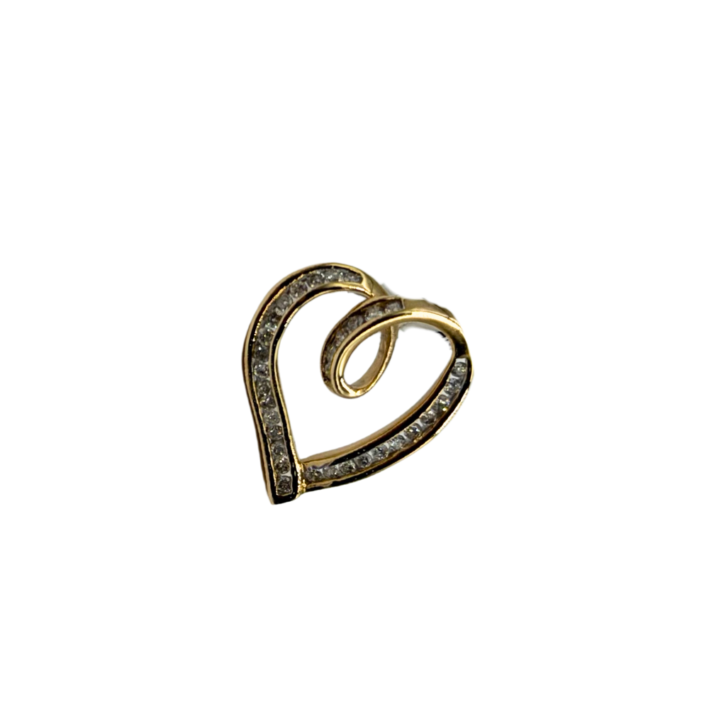 Gold heart-shaped pendant with embedded stones on a white background