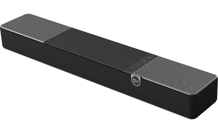 Black soundbar with a brand logo on a white background