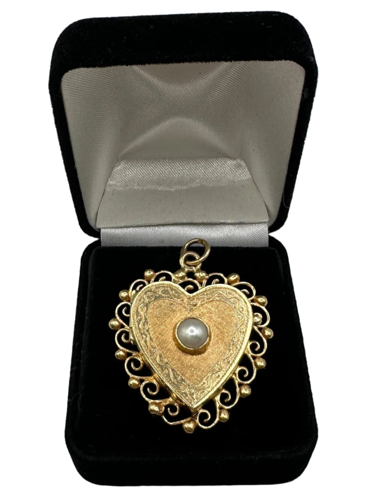 14k Yellow Gold Heart Locket Pendant with Pearl Center  9.7g