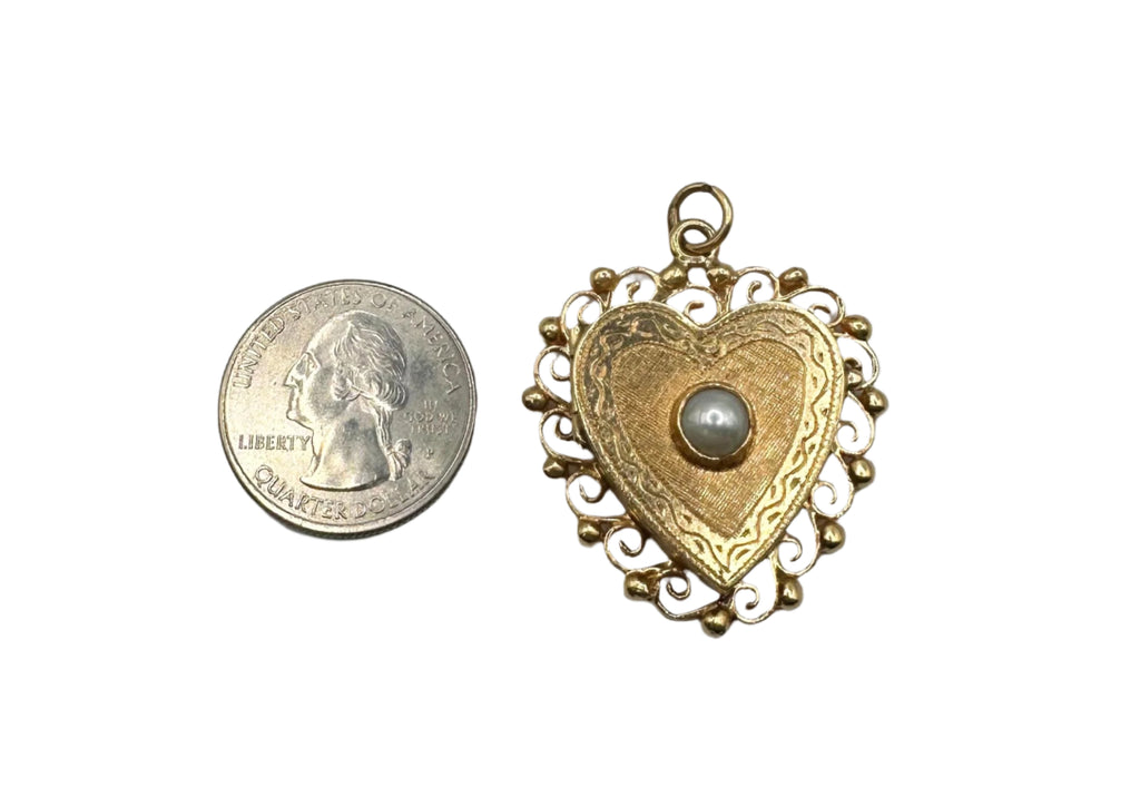 14k Yellow Gold Heart Locket Pendant with Pearl Center  9.7g