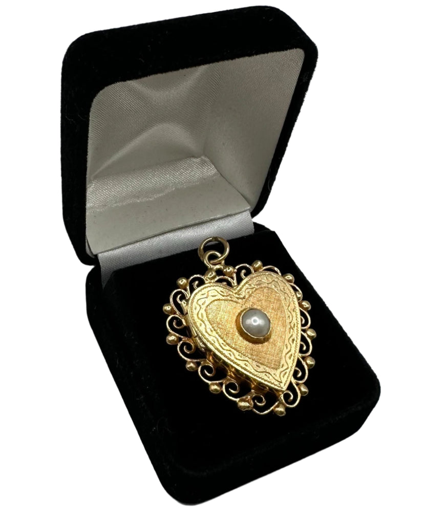 14k Yellow Gold Heart Locket Pendant with Pearl Center  9.7g