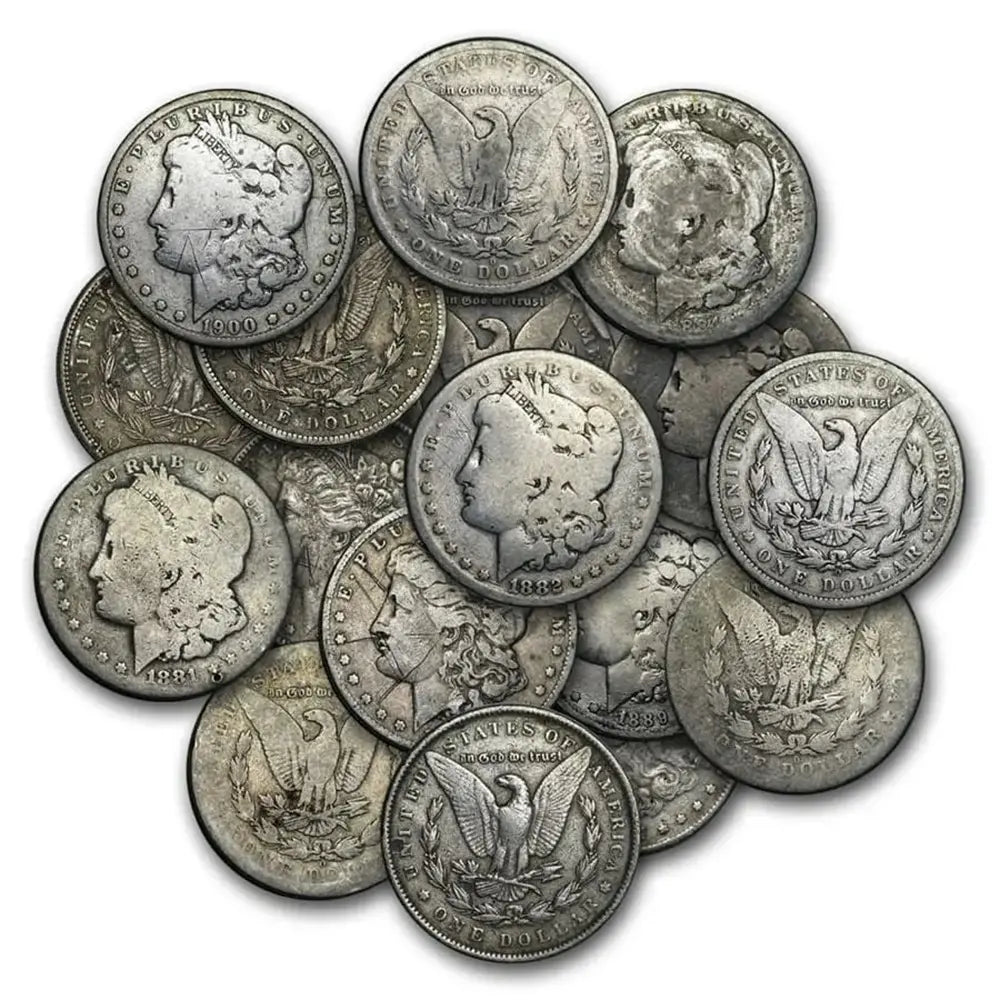 Collection of morgan coins with profiles and eagle designs on a white background
