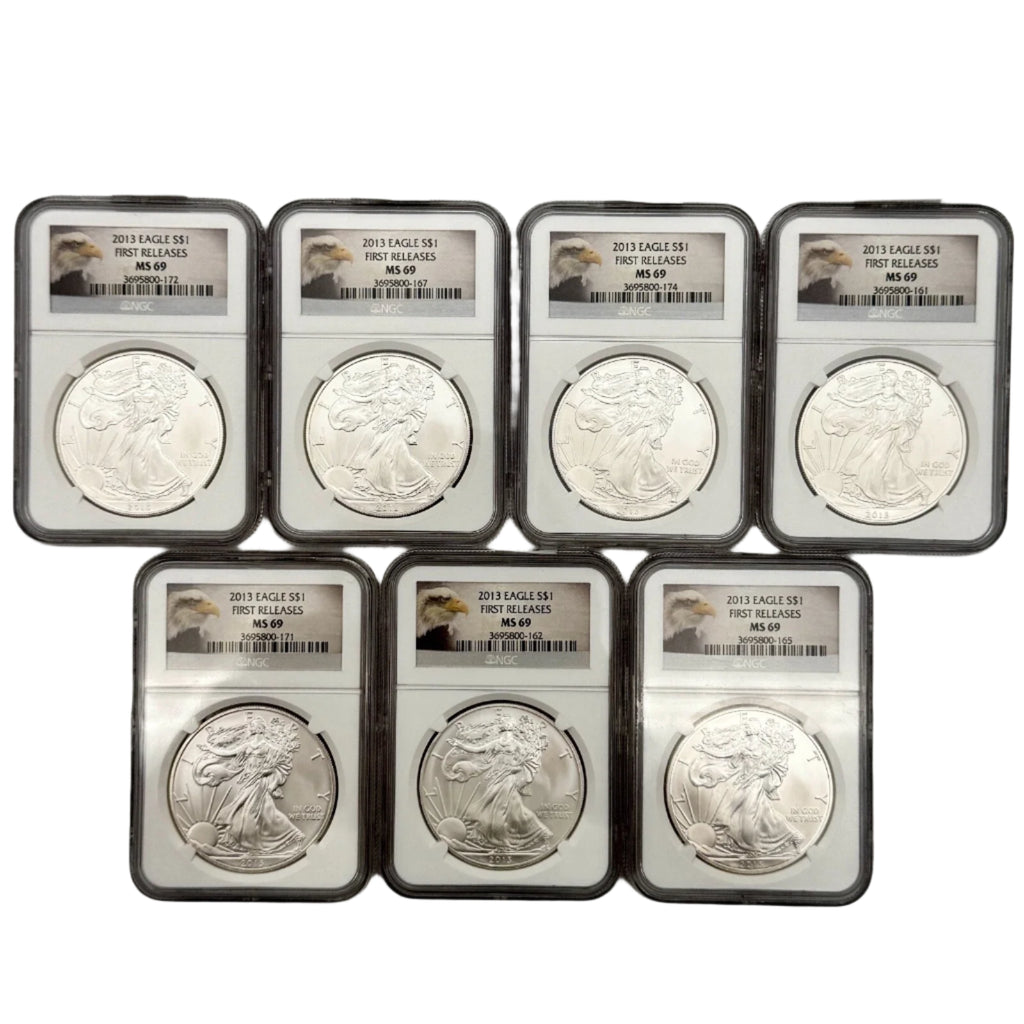 Set of eight silver Eagles in NGC holders on a white background