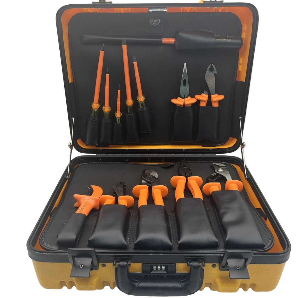 Open tool case with various tools including screwdrivers and pliers on a white background
