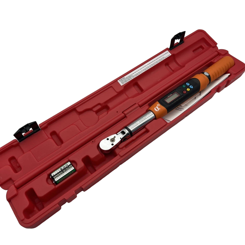 Digital torque wrench in a red case on a white background