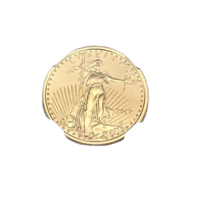 Gold coin in a protective holder with certification label on a white background