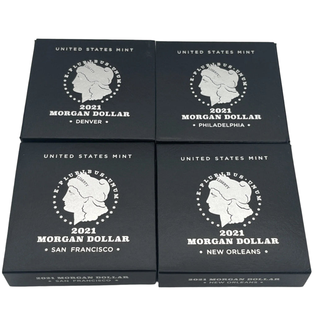 Four black boxes labeled for different locations of 2021 Morgan Dollar coins on a white background.