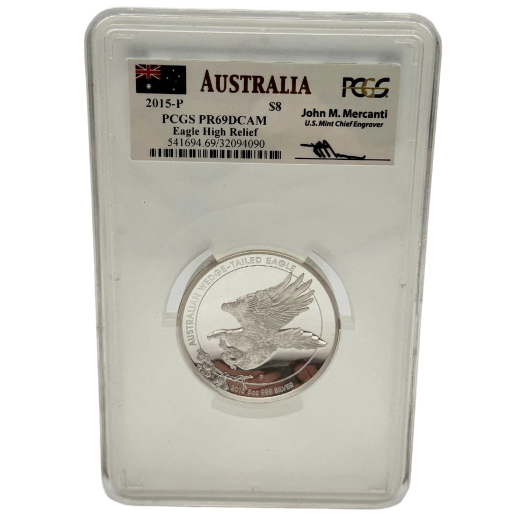 Silver coin in a protective holder with Australia label and PCGS certification on a white background