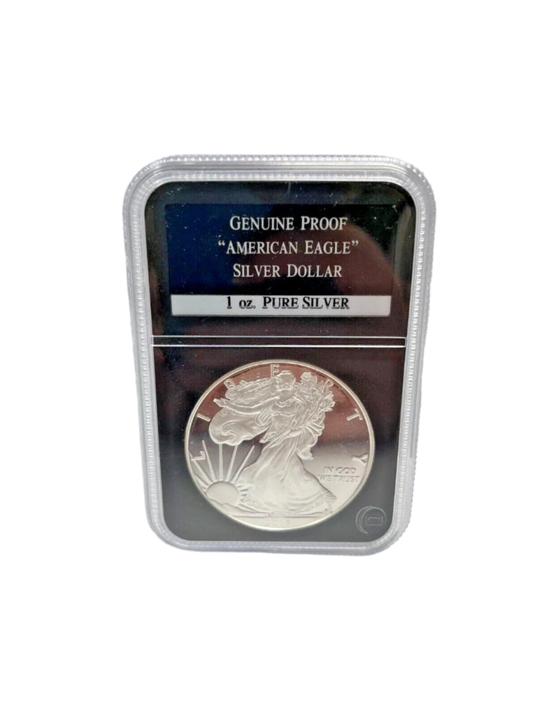 Silver dollar coin in a protective case with label on a white background