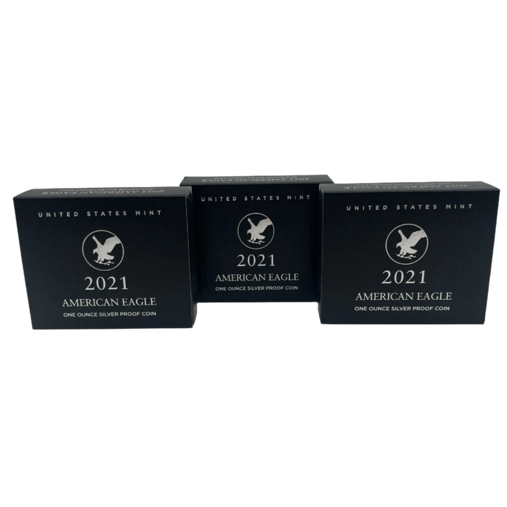 Three black boxes labeled '2021 American Eagle' on a white background