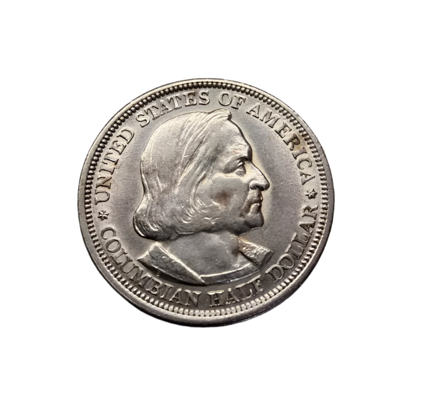 Columbian Half Dollar coin on a gray background