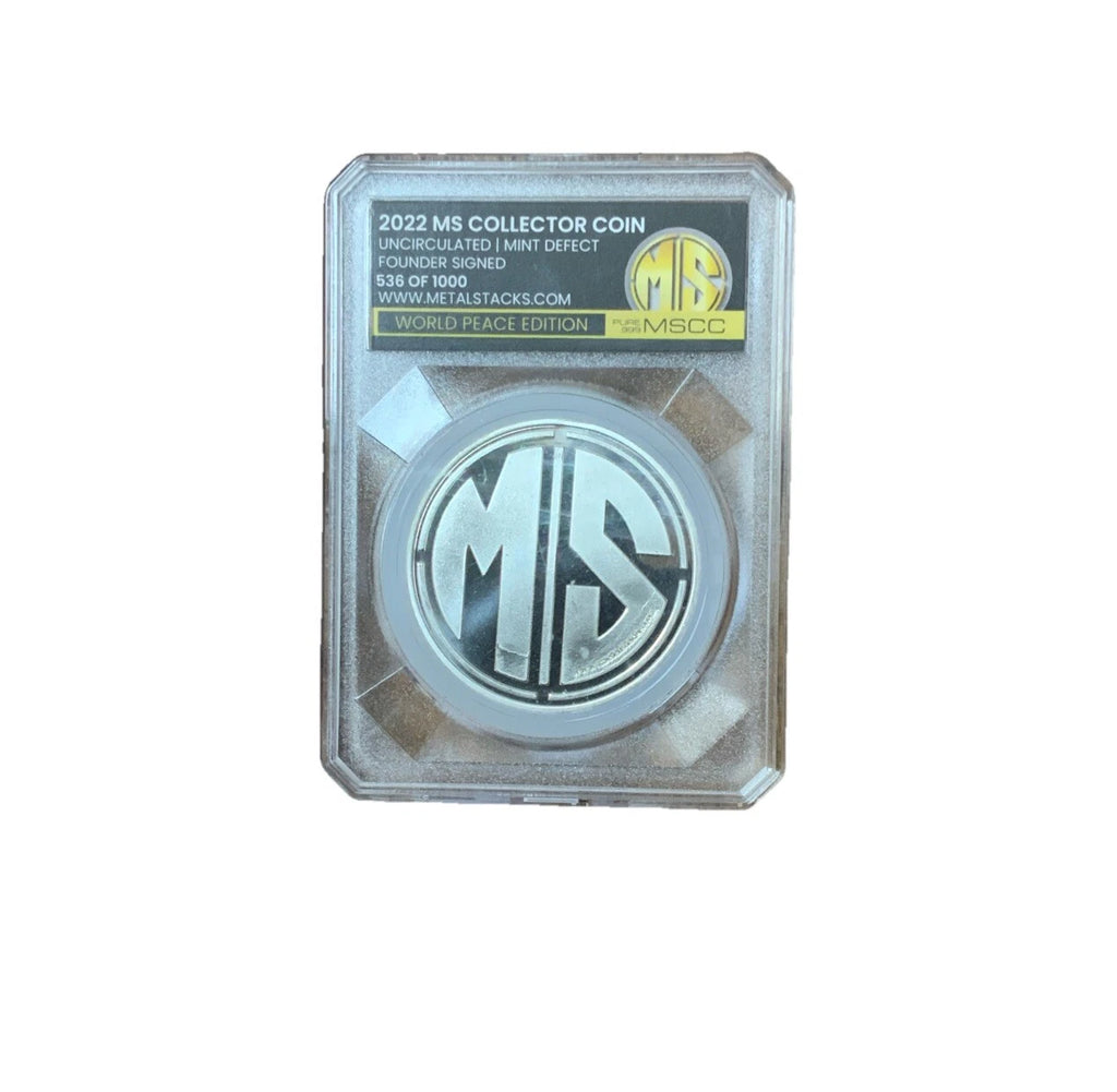 Silver collectible coin in clear packaging with MS logo on a white background