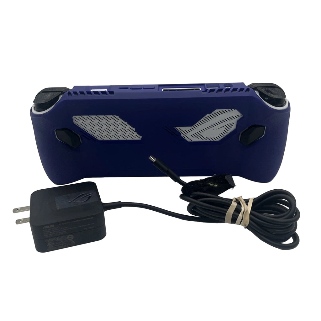 Blue gaming controller with power adapter on a white background