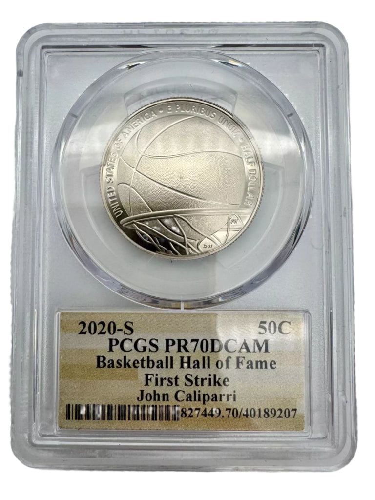 Silver coin in a protective case with 'Basketball Hall of Fame' label