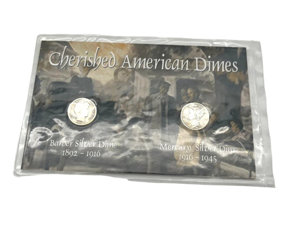 Packaged set of 'Cherished American Dimes' with two silver coins on a gray background.