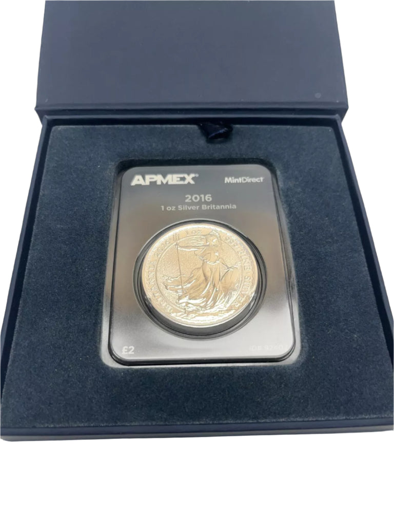 Silver coin in a display case with APMEX branding on a white background