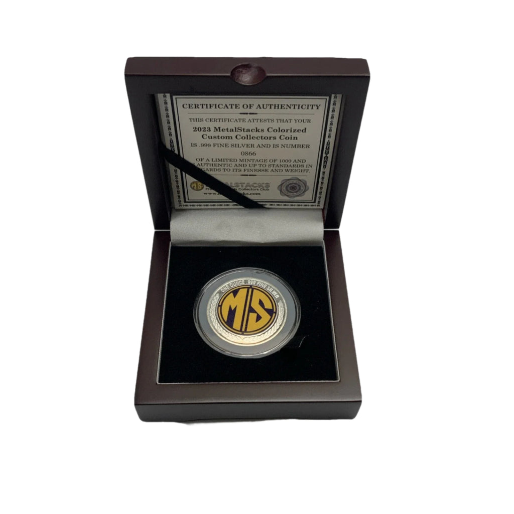 Silver coin with a logo in a display case with a certificate of authenticity on a white background