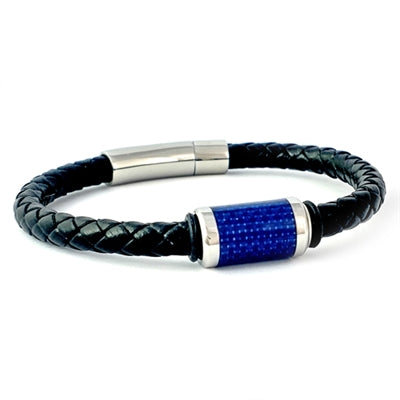 Genuine Leather Bracelet with the Bead Inlaid with Blue Carbon Fiber - Dick's Pawn Superstore