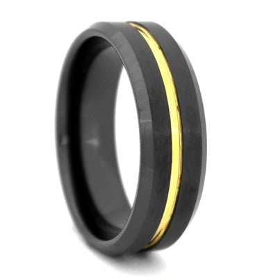 Comfort Fit 8mm Black High-Tech Ceramic Wedding Band with a Gold Color PVD Plated Groove - Dick's Pawn Superstore
