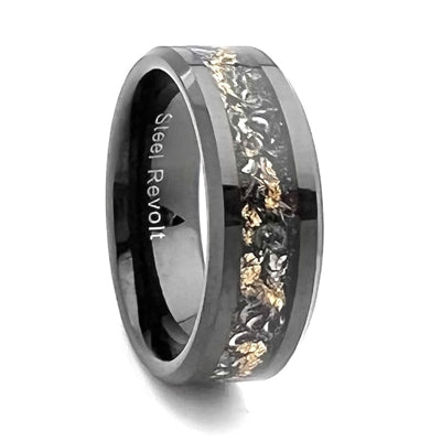 Comfort Fit 8mm High-Tech Ceramic Wedding Ring With Meteorite and Gold Color Flakes - Dick's Pawn Superstore