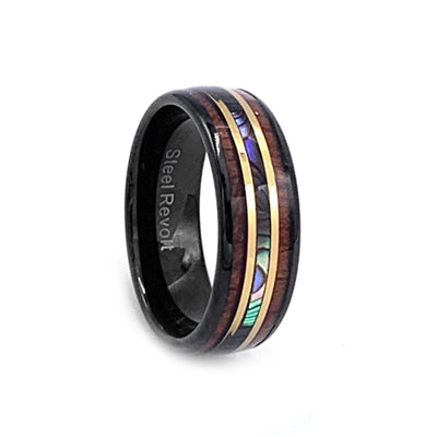 Comfort Fit 8mm Black High-Tech Ceramic Wedding Ring With a Koa Wood, Mother of Pearl, and Gold Color Lines - Dick's Pawn Superstore